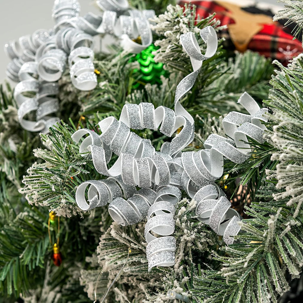 WRAPAHOLIC 6 Pcs Christmas Curly Bows - Silver Design Self-Adhesive Burst Bow, Perfect for Christmas, Birthday, Holiday, Party Favors Decorations