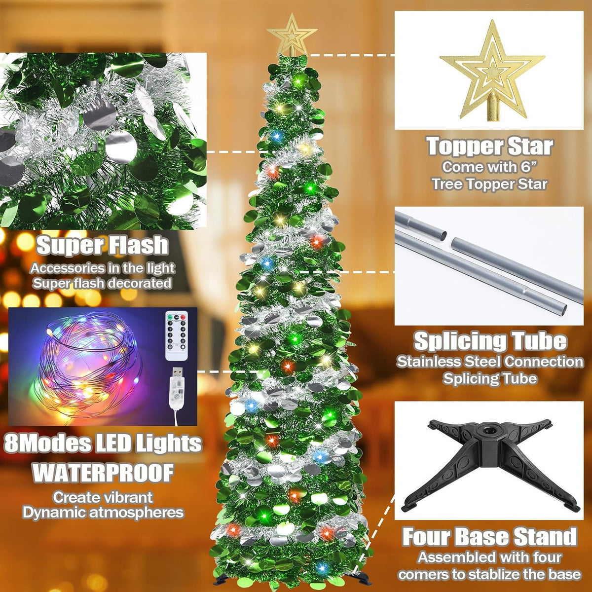 hmasyo 6 ft pop up tinsel christmas tree, package contents