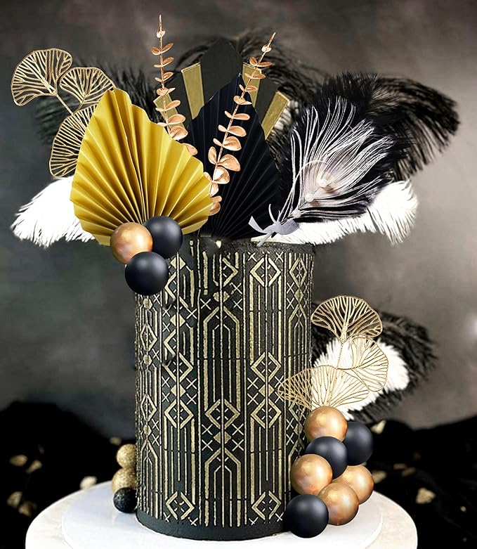 Boho Cake Topper Man Cake Toppers Happy Birthday Cake Topper Black Gold Balls Cake Decorations for Roaring 20s Cake Decoration Wedding Baby Shower Party Decoration