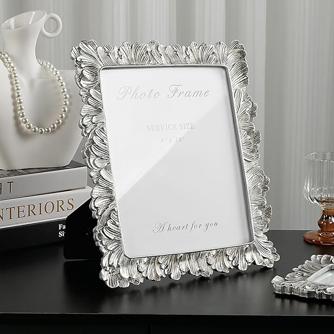 Cuspin 8x10 Picture Frame Silver, Vintage Silver Palm Leaves Textured Hand-Crafted Resin with Glass Front, Elegant Retro Design Photo Frame for Wall and Tabletop Display Home Decor