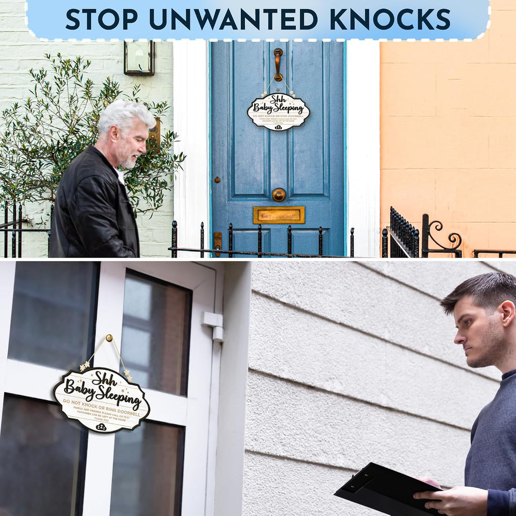 Woodamore Shhh Baby Sleeping Sign for Front Door - Please Do Not Knock Or Ring Doorbell Sign, Baby Sleeping Door Sign, No Knocking Door Sign, No Soliciting Do Not Knock Sign