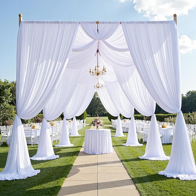 PartyVillage 40ft×15ft White Backdrop Curtain for Wedding Parties, 8 Panels Wrinkle Free 15 FT Long Polyester Photo Backdrop Drapes Back Drop Cloth for Birthday Photography Background