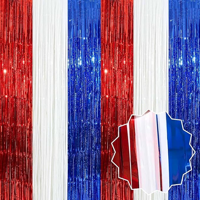 6 Pack White Blue Red Foil Fringe Curtains Backdrop, 3.28 x 8.2 Ft Metallic Streamers Tinsel Curtains Background for Photo Booth, Birthday, Weddings, Carnivals, Graduation, Themed Party Decorations
