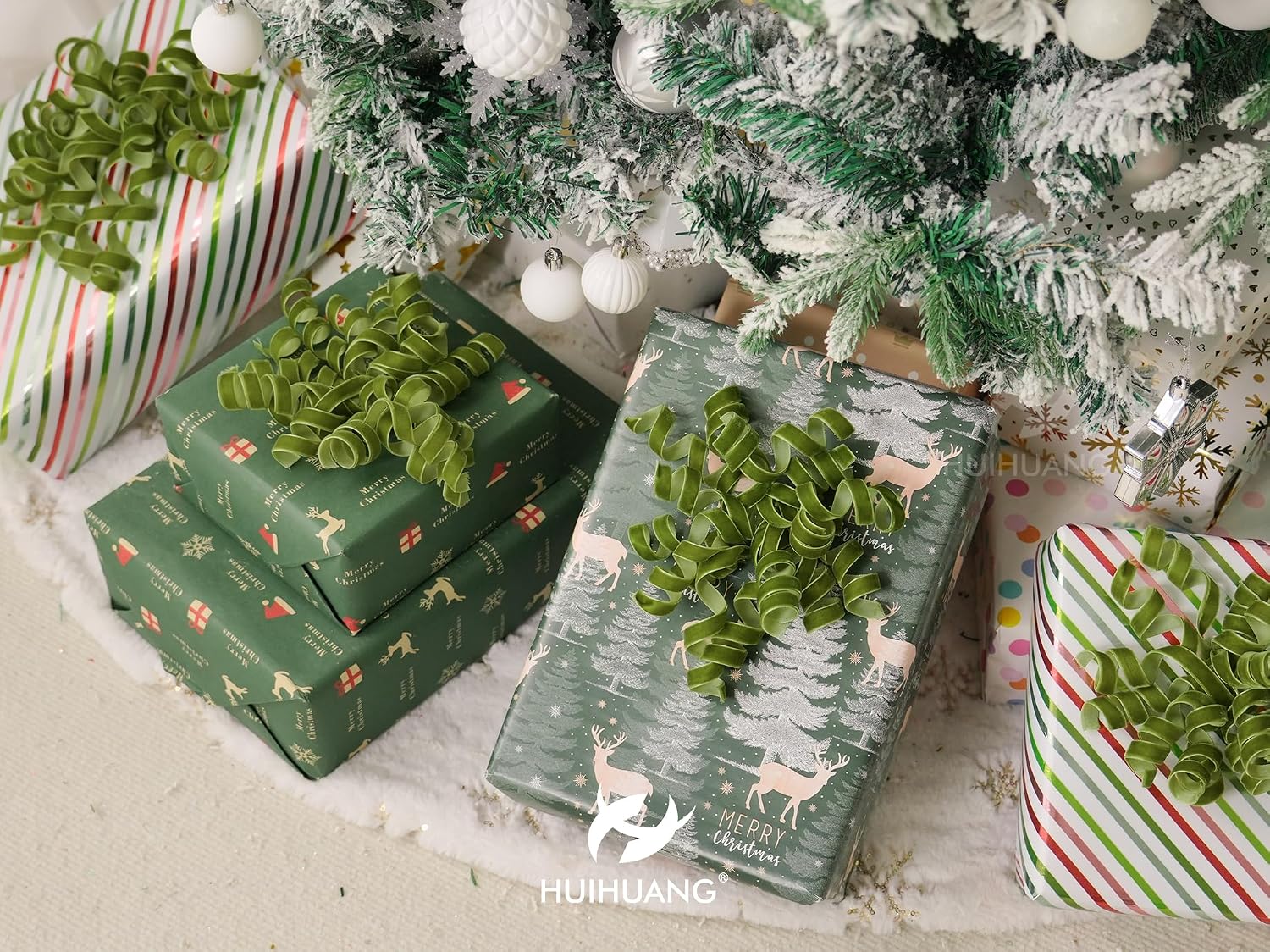 HUIHUANG Moss Green Bows for Gift Wrapping Self Adhesive Christmas Green Gift Bows Burst Curly Ribbon Bows for Presents, Gift Wrapping, Treat Bags, Party Favor, Crafts-6 inch x 6 Counts