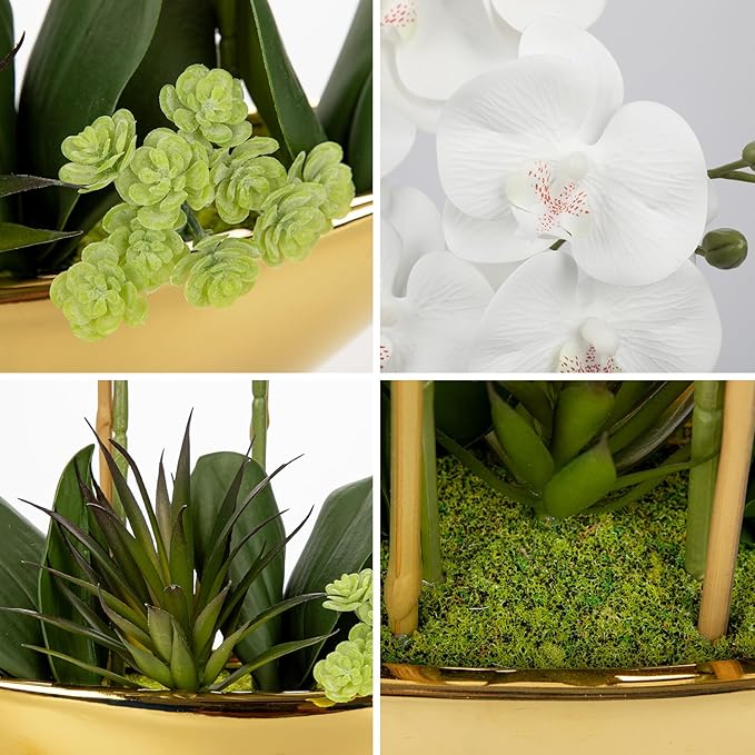 Briful Orchid Artificial Flowers 17in White Fake Orchid Silk Flowers with Gold Ceramic Pot Faux Orchid Arrangement for Home Office Room Coffee Table Centerpiece Modern Decoration