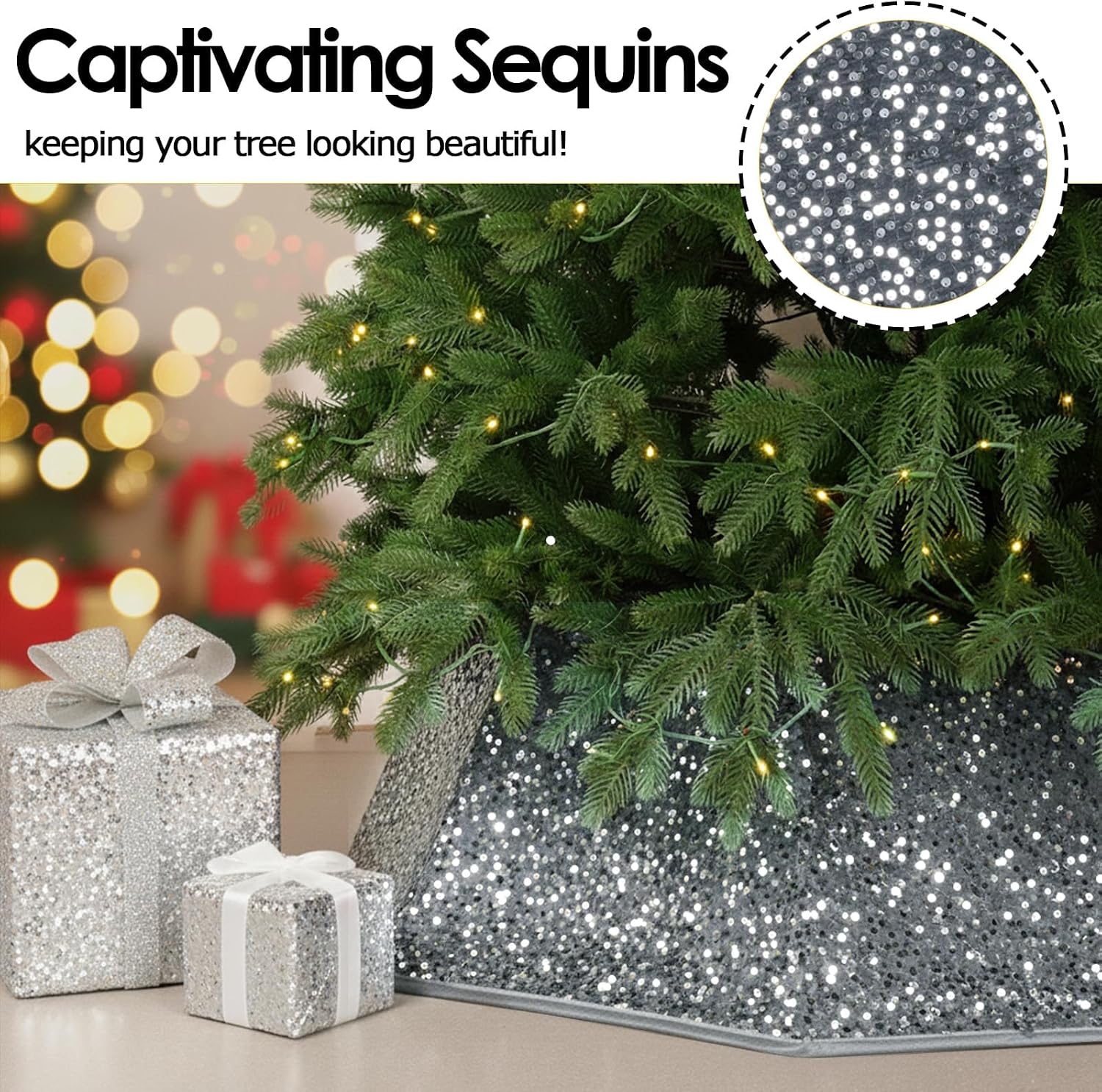 Christmas Tree Collar with Sparkling Sequin Tree Skirt for Holiday Home Decor Xmas Tree Ring(Silvergrey, X-Large)