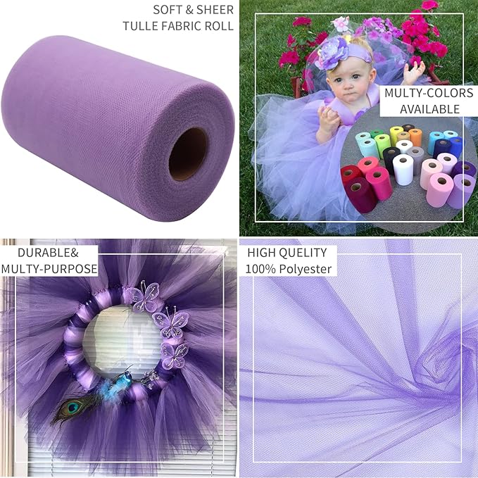 Lavender Tulle Fabric Rolls 6 Inch by 100 Yards (300 feet) Fabric Spool Tulle Ribbon for DIY Lavender Tutu Bow Baby Shower Birthday Easter Party Wedding Decorations Christmas Craft Supplies
