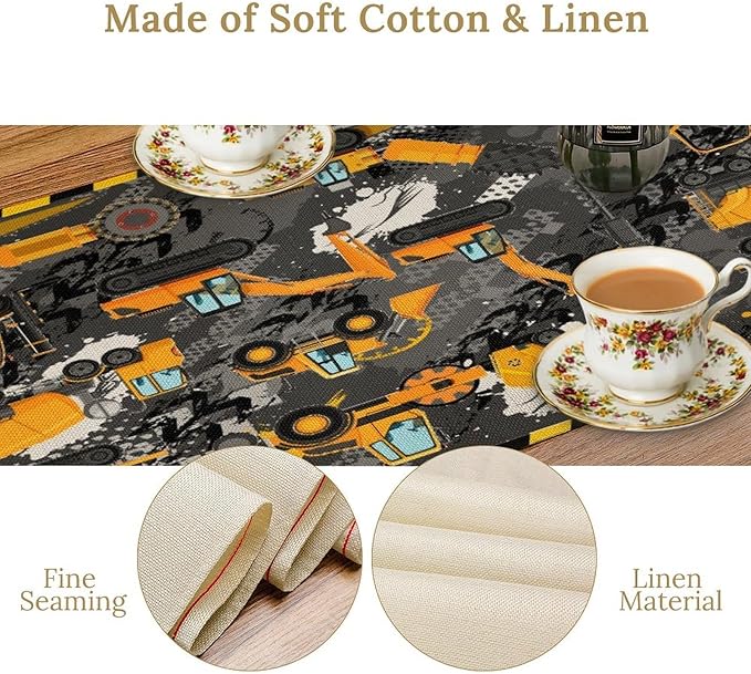 Cartoon Car Table Runner,Boy Kids Construction Yellow Tractor Excavator Tablecloth Burlap for Hotel Indoors Outdoor Dining Room Kitchen Home Decor,W13X L70 in