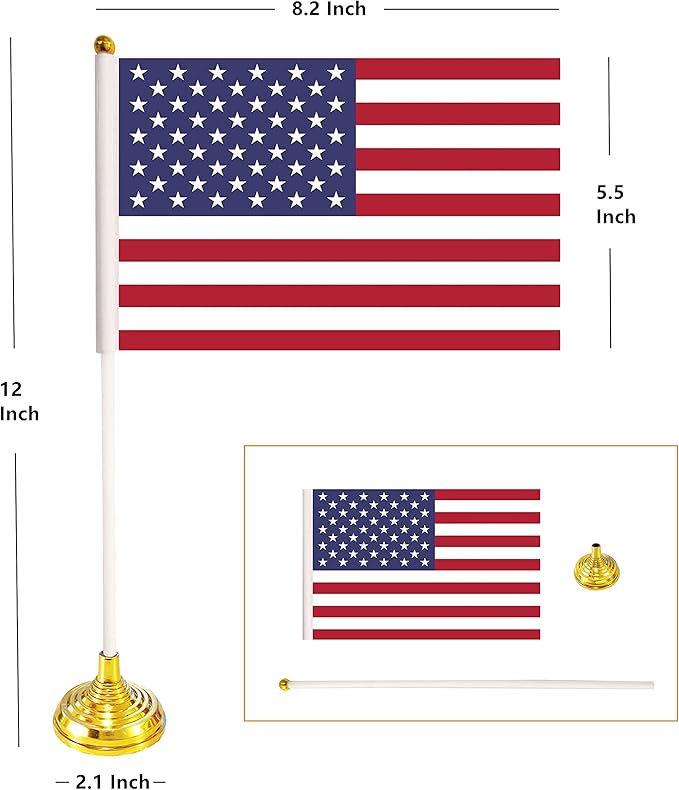 36 Pack USA US Desk Flags,Small Mini American Deluxe Table Flags Set with Stand Base，8.2 x 5.5 inches Miniature Desktop Flag
