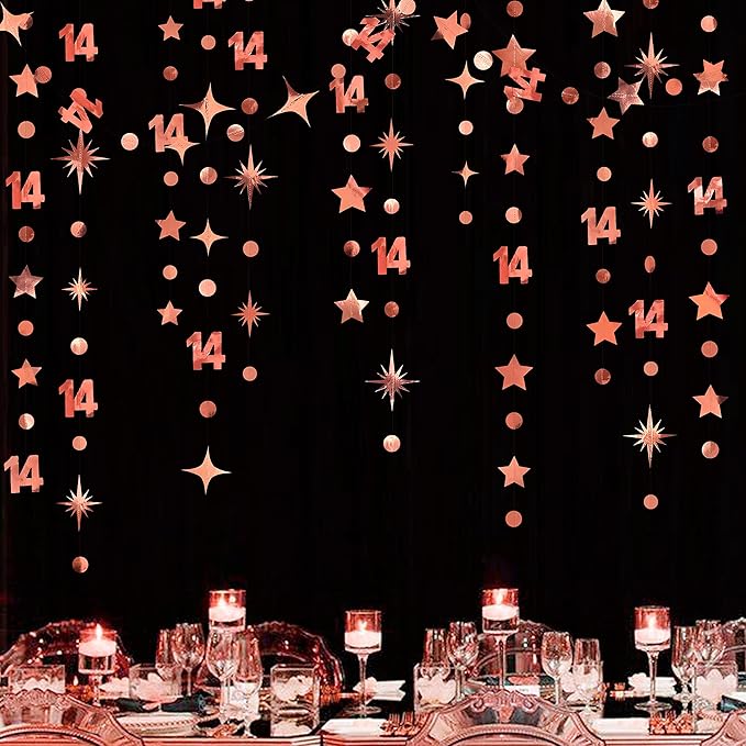 52Ft Rose Gold 14th Birthday Decorations Number 14 Circle Dot Star Garland Metallic Hanging Streamer Banner Backdrop for Girls Happy 14 Year Old Fabulous Birthday Fourteen Anniversary Party Supplies