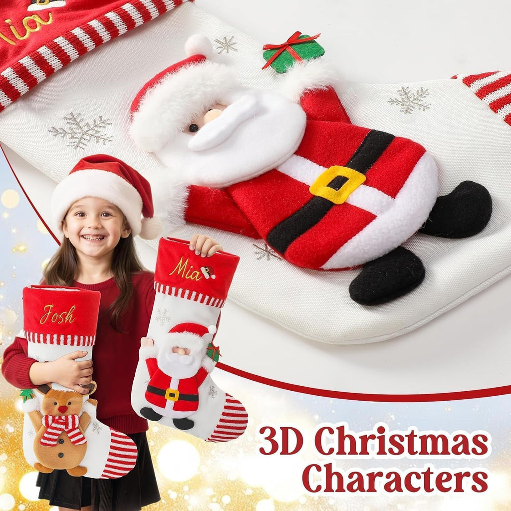 Personalized Christmas Stockings with Embroidered Name & Monogram,Custom 3D Xmas Character Stocking 1 Pack 18” Large,Santa,Snowman & Reindeer Fireplace Hanging Red Burlap Plaid Stockings(A)