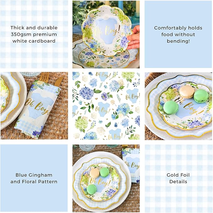 Kate Aspen Baby Shower Onesie Blue Floral & Gingham Tableware Set - 62pc. 16pcs 7 inch & 16pcs 9 inch Heavy Duty Disposable Party Plates, 30pcs 6.5 inch Durable Paper Napkins