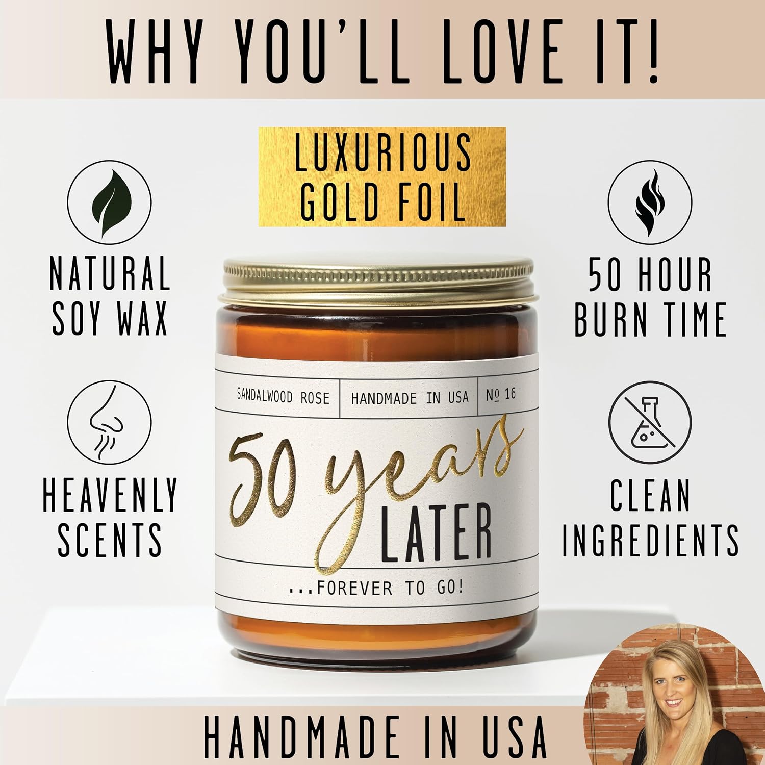 50th Wedding Anniversary Gifts, 50th Anniversary Gifts for Couple - '50 Year Later' Candle, w/Sandalwood Rose - infused w/Essential Oils I 50 Year Anniversary Gifts for Wife I 50Hour Burn I USA Made