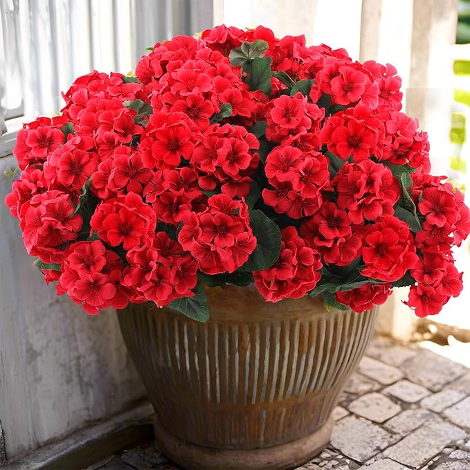 Hananona 24 Pcs Artificial Geranium Flowers for Outdoors Geranium Silk Red Flowers Outdoor UV Resistant Garden Plants Faux Flower for Christmas Home Kitchen Table Centerpieces Decor (24, Red)