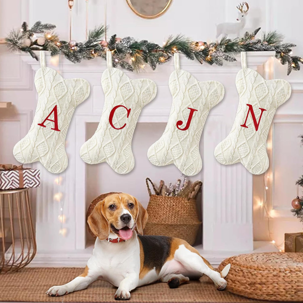 Malier Dog Christmas Stocking with Initials, Letter A Embroidered Knit Christmas Stocking for Dogs, White Large Bone Shape Xmas Pet Stockings Hanging Stocking for Dogs Cats Pets (White, Letter-L)