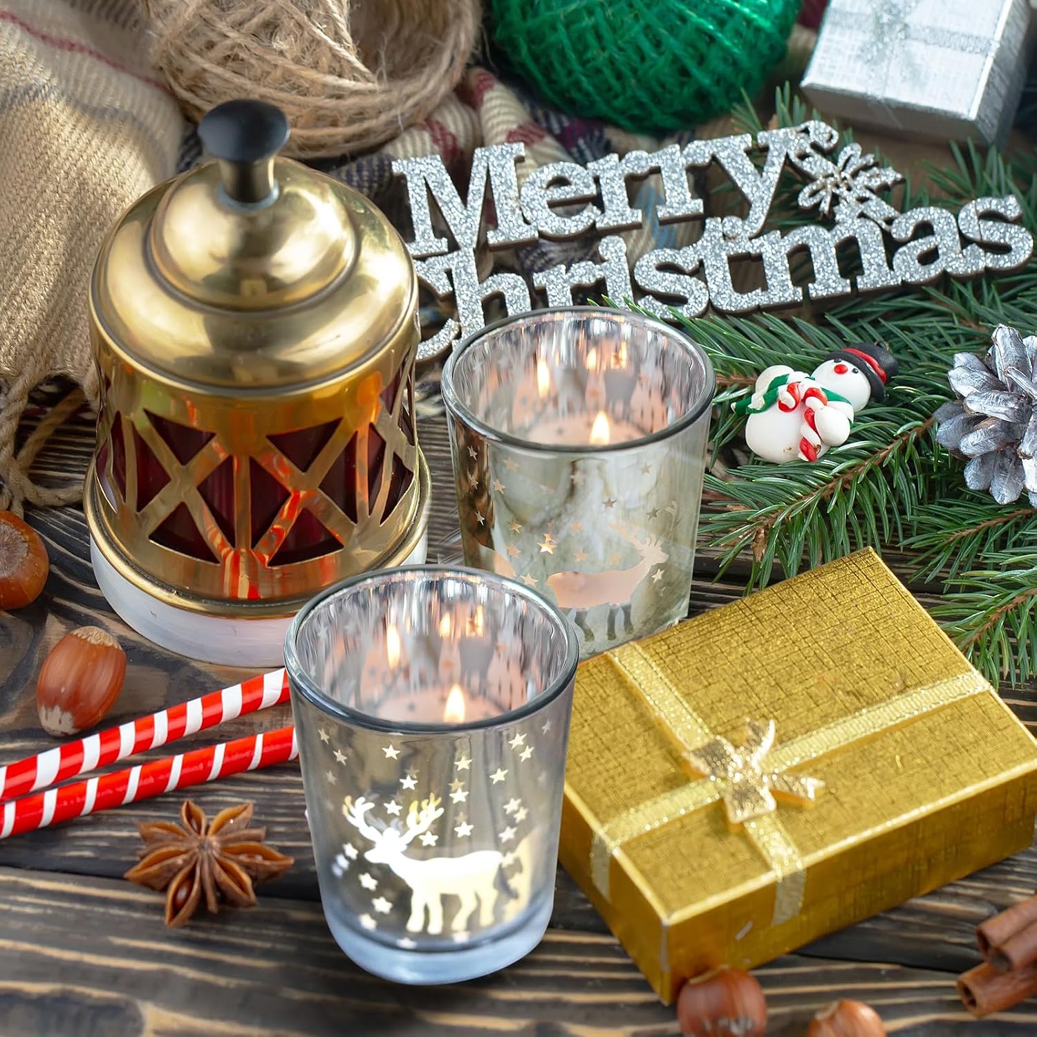 Silver Votive Tealight Candle Holders 12PCS Christmas Candle Holders with Carved Reindeer for Xmas Table Centerpiece Decoration