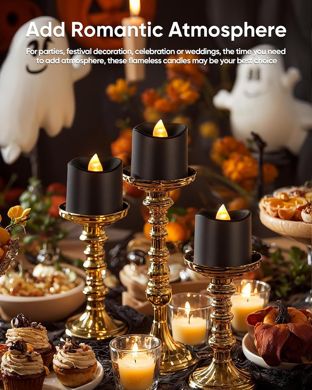 Homemory 12Pack 400+Hour Remote Control Flameless Candles, 2/4/6/8H Timer Led Votive Candles, Battery Operated Tea Lights for Wedding Table Centerpiece, Holidays, Halloween Pumpkins-Black Base