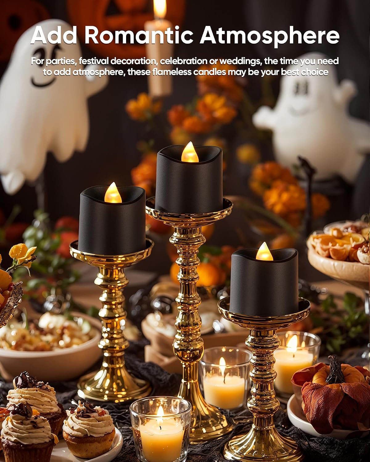 Homemory 12Pack 400+Hour Remote Control Flameless Candles, 2/4/6/8H Timer Led Votive Candles, Battery Operated Tea Lights for Wedding Table Centerpiece, Holidays, Halloween Pumpkins-Black Base