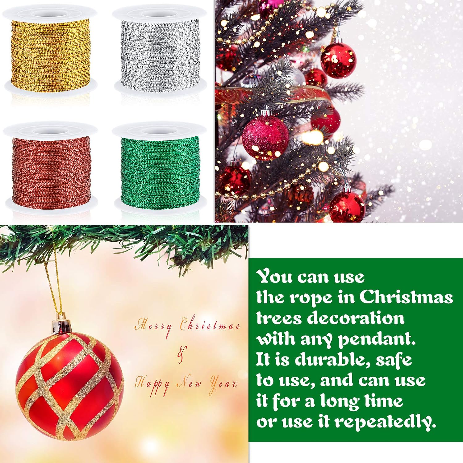 Shappy 440yards x 1mm Metallic Cord Tinsel Rope for Gift Wrapping and Craft DIY, Ribbon Wrap Thread Tag Cord for Craft Making(Gold, Silver, Red, Green)