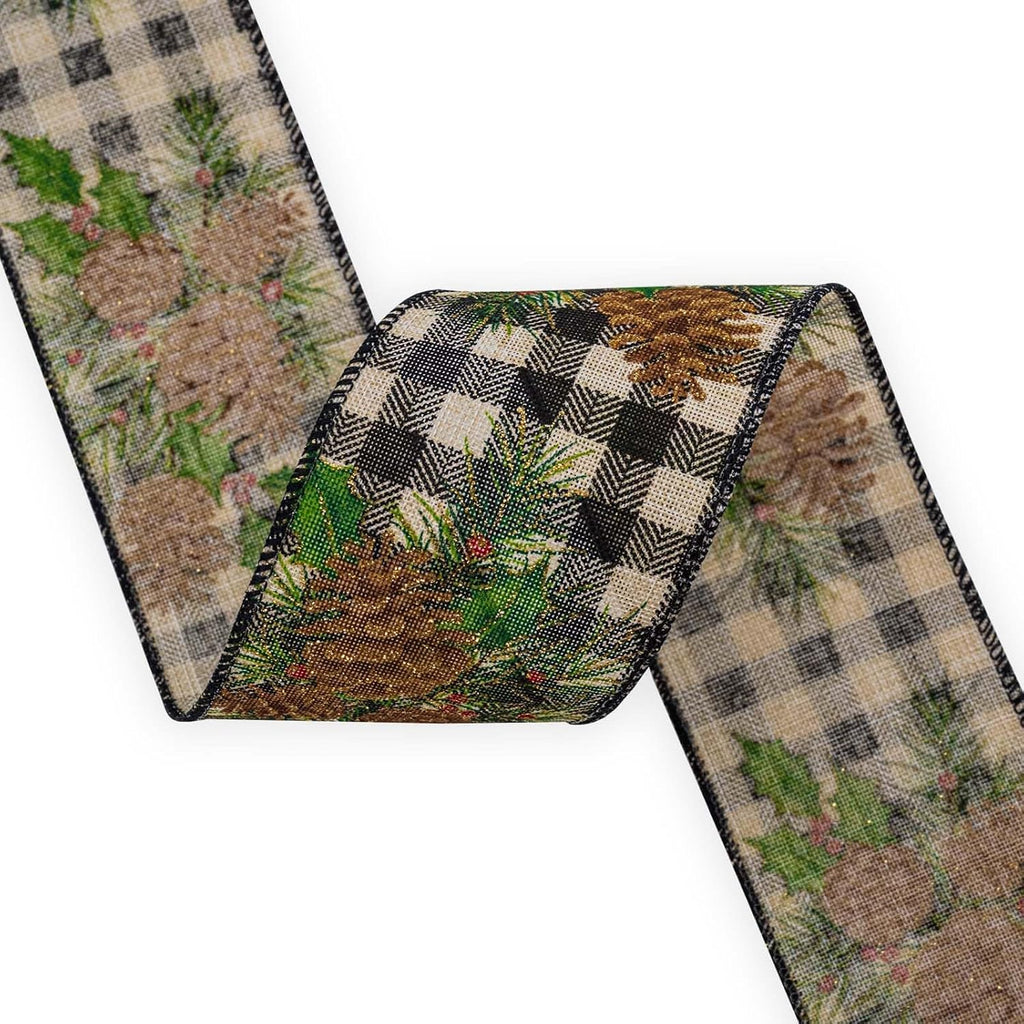HATIANGE Pinecone Christmas Burlap Ribbon with Black White Plaid Wired Ribbon, 2-1/2 Inch x 11Yards, for Xmas Home Decor, Gift Wrapping, Bow Making, Wreath, DIY Crafts