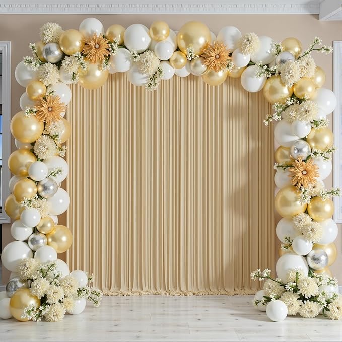leegleri 40ftx12ft Wrinkle Free Beige Backdrop Curtain, 8 Panels 12FT Height Beige Wedding Backdrop Drapes, Silky Polyester Back Drop Cloth for Birthday Photography Background Party Backdrop Draping