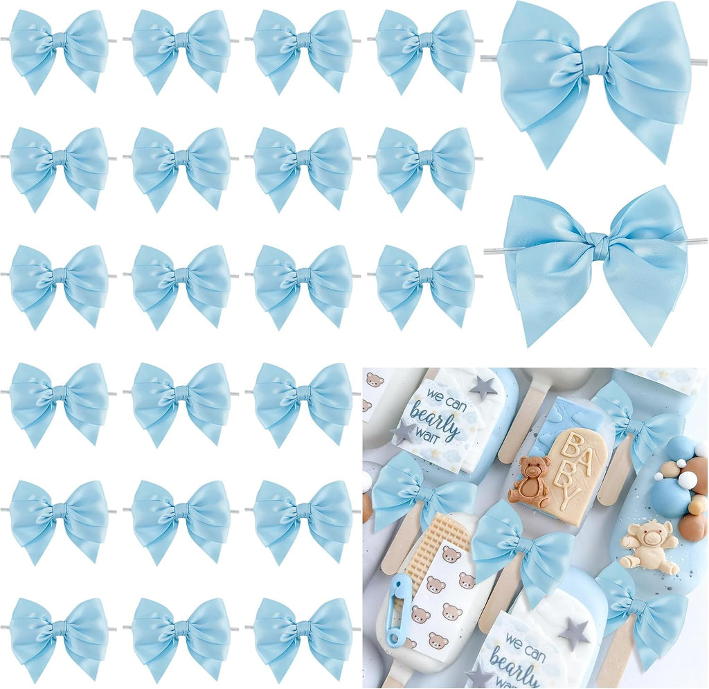 Blue Bows 24 PCS Baby Blue Satin Ribbon Bows 4" Pre-Tied Twist Tie Bow for Gift Wrapping Treat Bags Cake Pops Candy Apple Crafts Baby Shower Birthday Wedding Party Favors