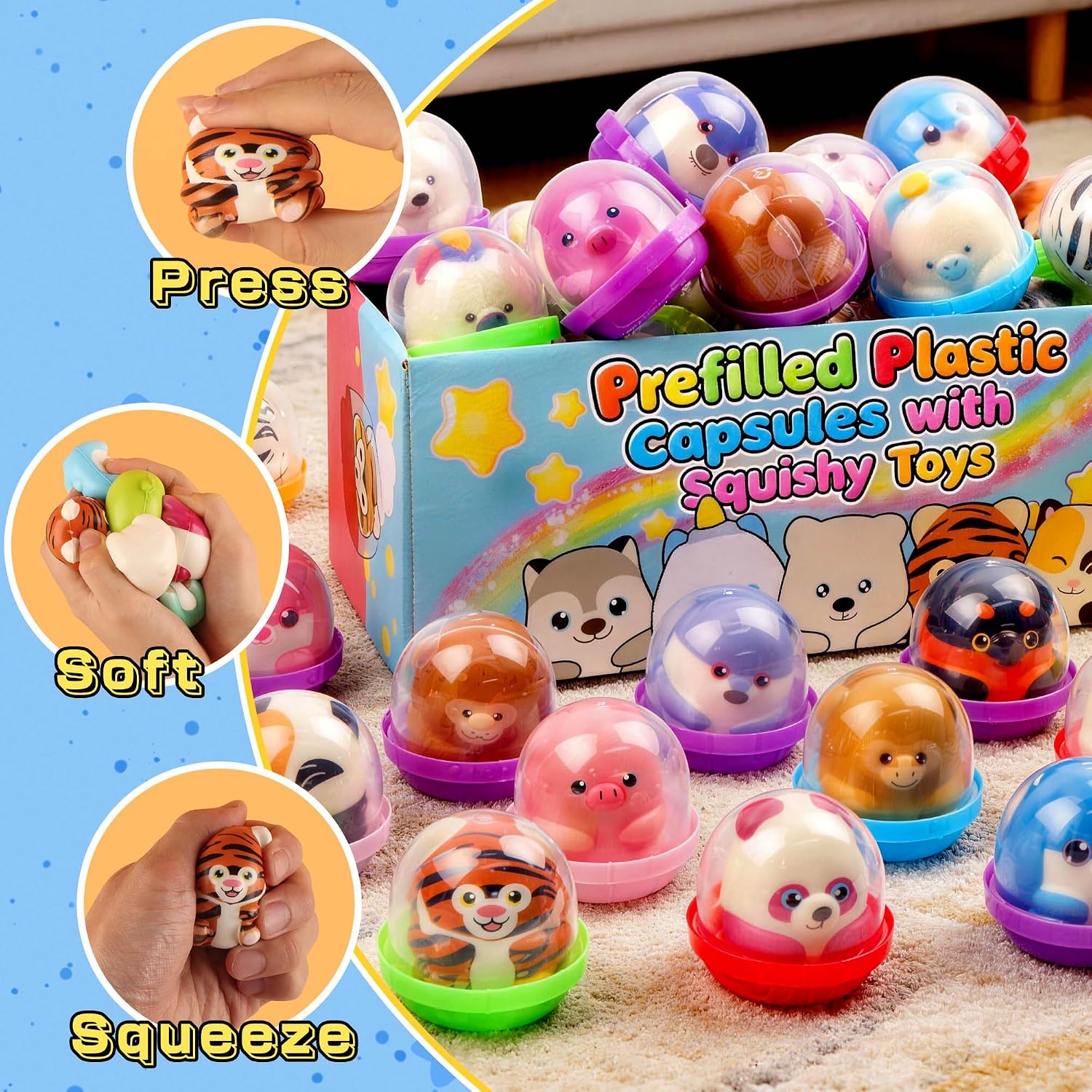 KissFree 20 Pack Animal Squishy Toys in Ready-to-Give Capsules, No Assembly Required, Party Favors for Kids, Goodie Bag Stuffers, Birthday Gifts, Pinata Fillers & Classroom Prizes