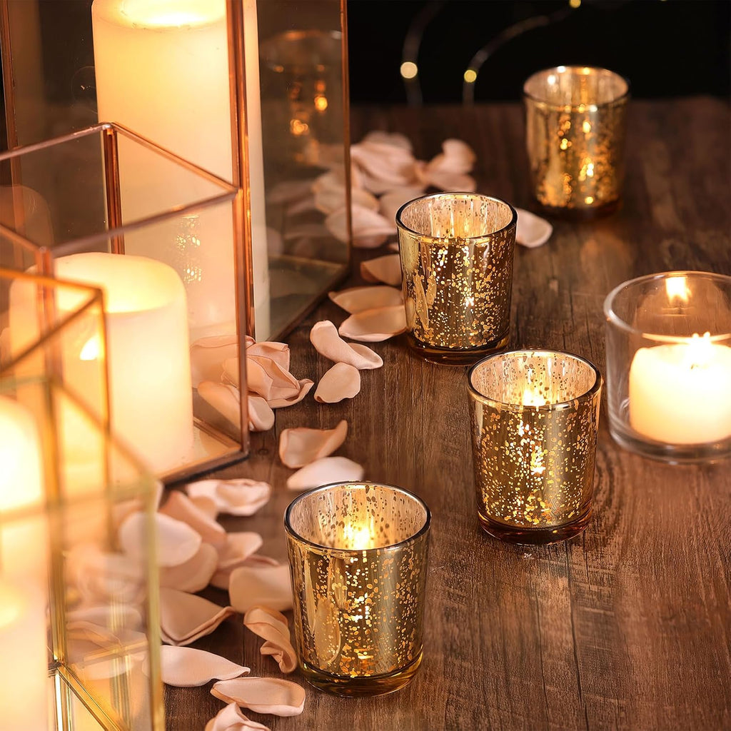LETINE Gold Votive Candle Holders Set of 36 - Speckled Mercury Gold Glass Candle Holder Bulk - Ideal Spring Summer Decor for Wedding Centerpiece Table，Valentine's Day Decorations Indoor