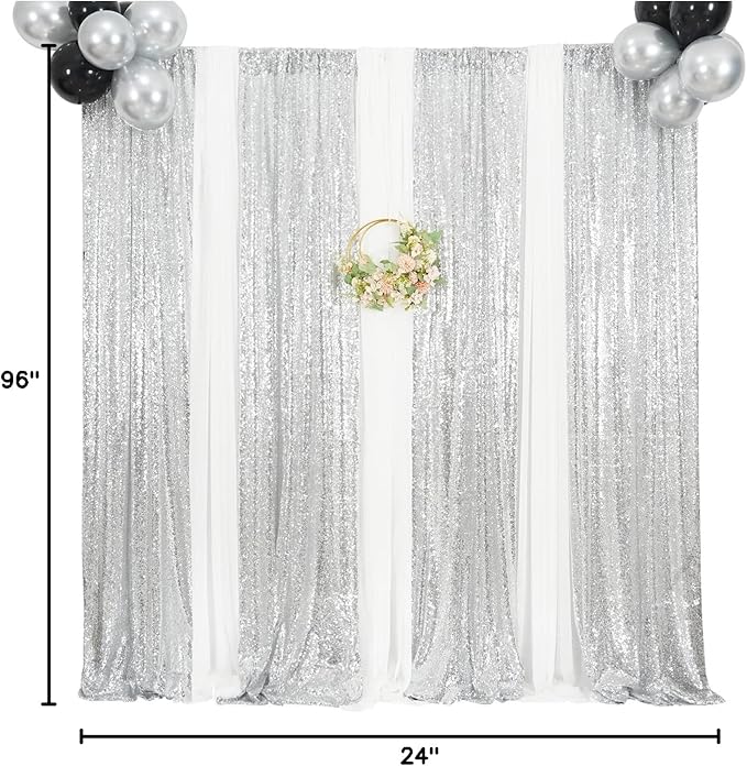 Poise3EHome Silver Sequin Backdrop Curtains,2ft x 8ft Sequin Photography Backdrop Curtain 2 Panels for Party Decoration