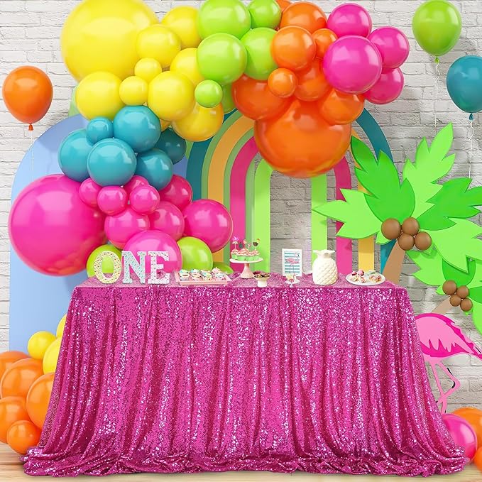QueenDream Sparkly Sequin Tablecloth - Fuchsia Table Cloth 50x80 Inches Rectangle Table Overlay Fabric for Birthday Parties Baby Shower Decoration