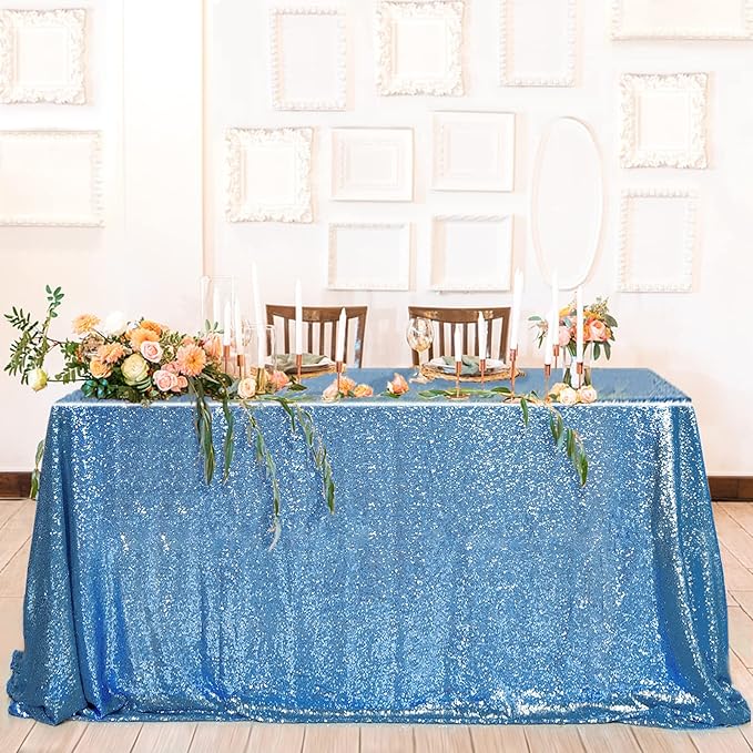 QueenDream Baby Blue Sequin Tablecloth 90x132 Inch Baby Shower Tablecloth Glitter Table Cloth for Wedding Party Decor