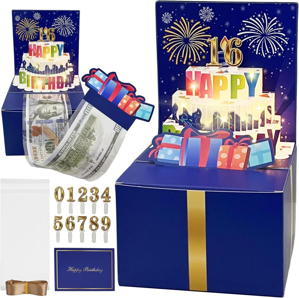 JINSTABAG Birthday Money Box for Cash Gift, Money Pull Box with Music Light DIY Sticker 13th 16th 18th 21th Any Age and Banner, Birthday Decorations for Boys Girls Kids Adult (Dark Blue)
