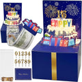 JINSTABAG Birthday Money Box for Cash Gift, Money Pull Box with Music Light DIY Sticker 13th 16th 18th 21th Any Age and Banner, Birthday Decorations for Boys Girls Kids Adult (Dark Blue)