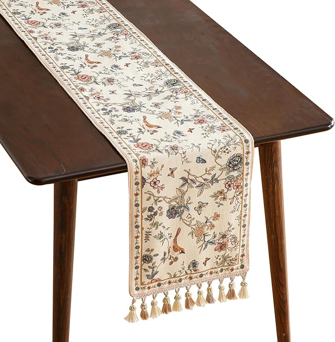 ISAENNE Designer Linen Table Runner 102 Inches Long,Elegant Floral Bird Pattern Table Runners for Dining Room,Farmhouse Rustic Kitchen Decor,Thanksgiving,Christmas,12"*102"-Cornucopia