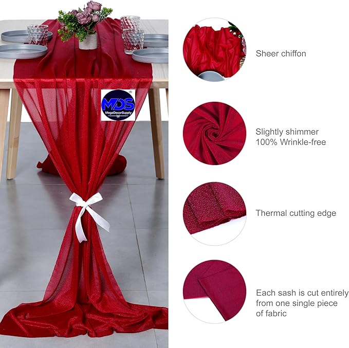 MDS 2 Pack 14ft Chiffon Table Runner 29 x 170 Inches Sheer Wedding Runner Romantic Rustic Table Runner for Wedding Decorations, Birthday Parties, Bridal Shower Party Arch Decor - Apple red