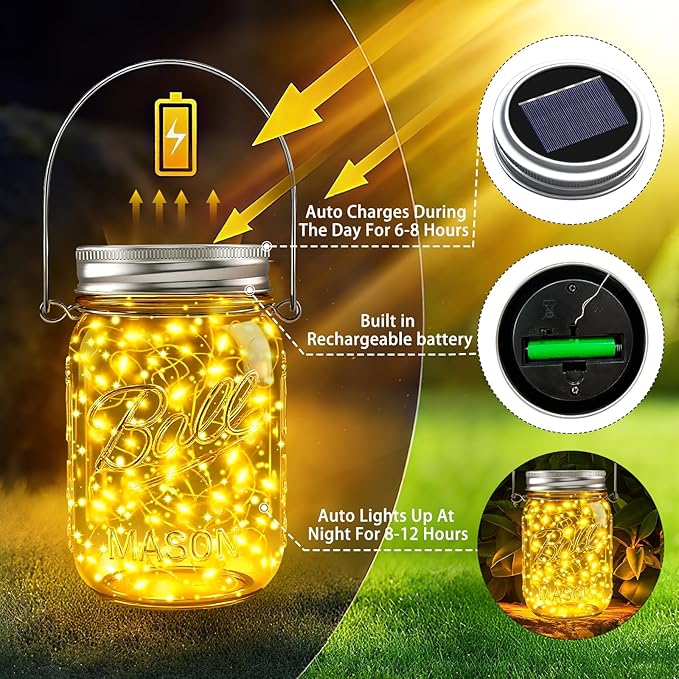 ZNYCYE Mason Jar Solar Lights for Outside, 12 Pack 30 LED Fairy Firefly Lights Mason Jar Solar Lids Outdoor Waterproof String Lights with Hangers(NO JARS) for Patio Garden Yard Lawn Decor - Warm White