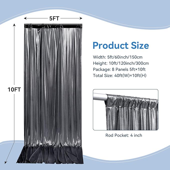 40x10 ft Wrinkle Free Black Silver Sequin Backdrop Curtain for Parties,Thick Not Fall Glitter Wedding Backdrop Drapes,8 Panels 5x10ft Shimmer Photo Back Drop Cloth for Birthday Photography Background