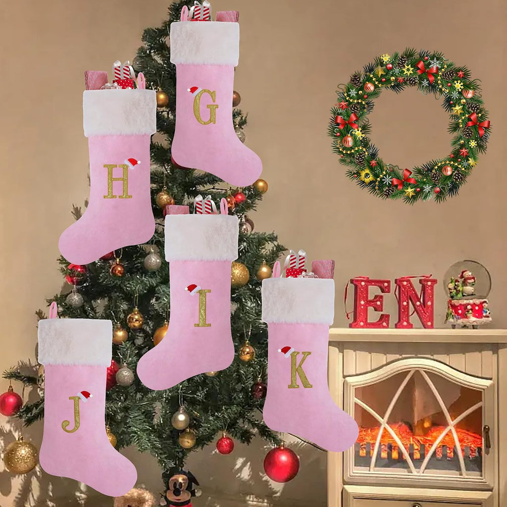20-Inch Letter Embroidered Christmas Stocking Thick and Luxurious Pink Velvet with Super Soft Plush Cuff Personalized Festival Decoration for Xmas and New Year Party(Letter C)