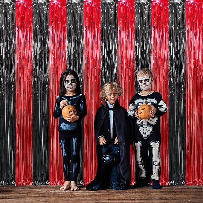 GOER 3.2 ft x8.2 ft Metallic Tinsel Foil Fringe Curtains Party Photo Backdrop Party Streamers for Birthday,Graduation,New Year Eve Decorations Wedding Decor (4 Pcs,Black&Red)