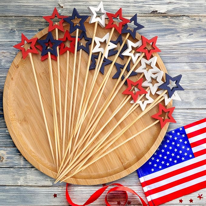 Minisland Mixed Red Blue White Star Cocktail Picks, 5.5 Inch Long Bamboo Fancy Toothpicks for Appetizers, Decorative Independence Day Party Food Drinks Garnish Fruit Skewer Sticks 50 Counts - MSL435
