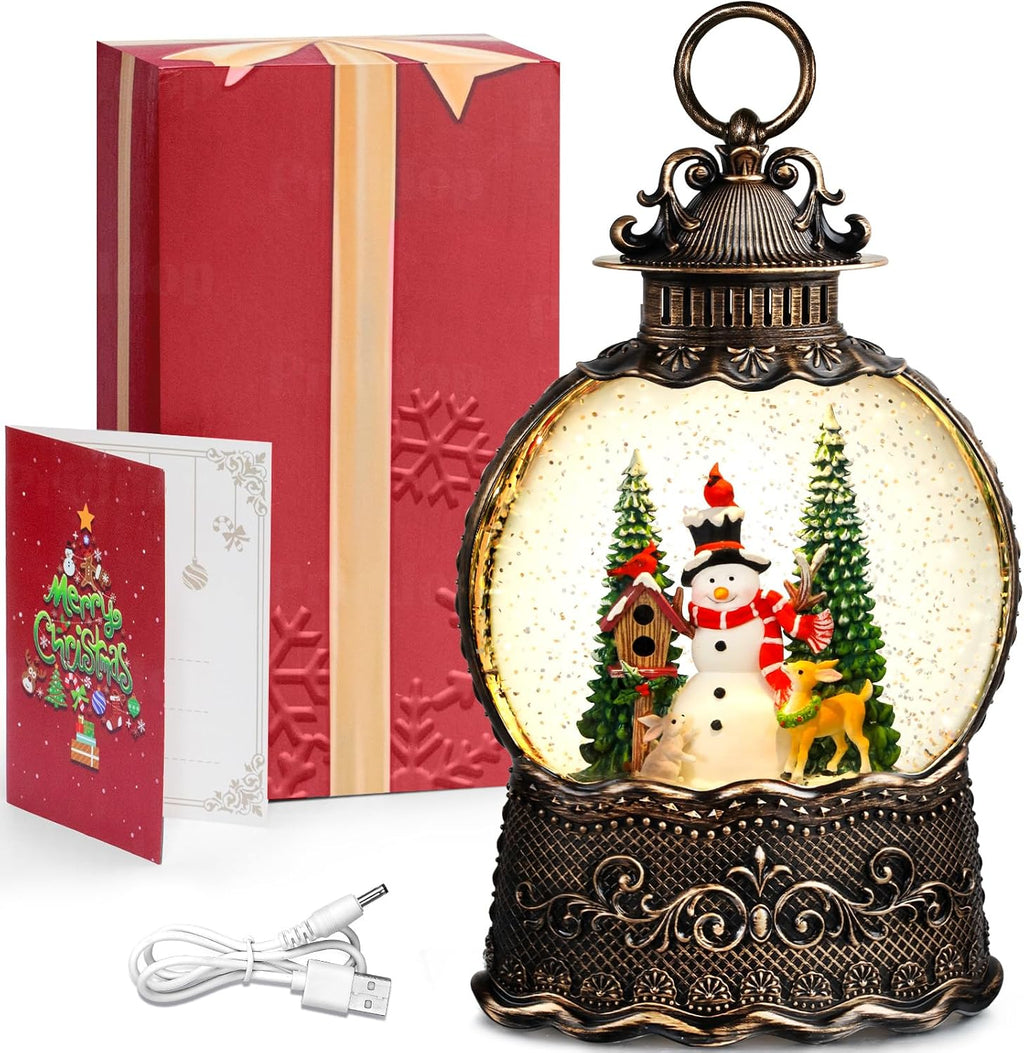Priddop Snowman Snow Globe Christmas Decorations Indoor Deer Cardinal Snowman Gifts Classic Relief Texture Musical Glitter Snowfall USB/Battery Timer Lantern 10.6 inch