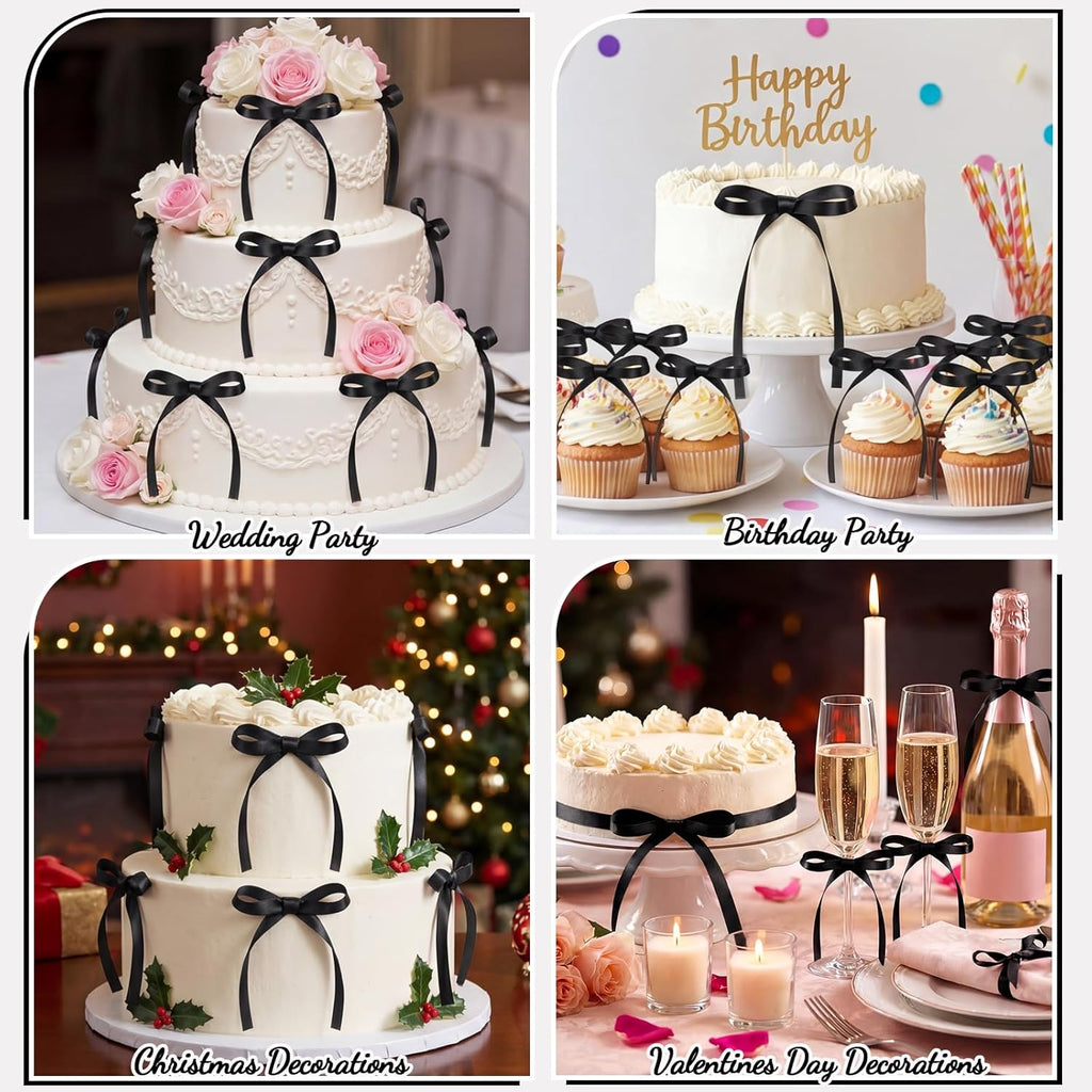 NatNarr 30 Pack Bow Cake Toppers Black Ribbon Bows for Cake Bow Cupcake Toppers Back to School Decorations Bow Birthday Decorations for Baby Shower, Wedding, Engagement, Bachelorette Party