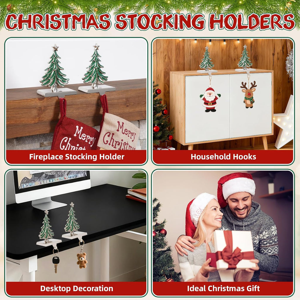 G GOOD GAIN Christmas Stocking Holders for Mantle - Set of 2 Christmas Tree Weighted Stocking Hangers with Non-Slip Base Silver Sturdy Metal Hooks for Fireplace Shelf Counter Holiday Decorations