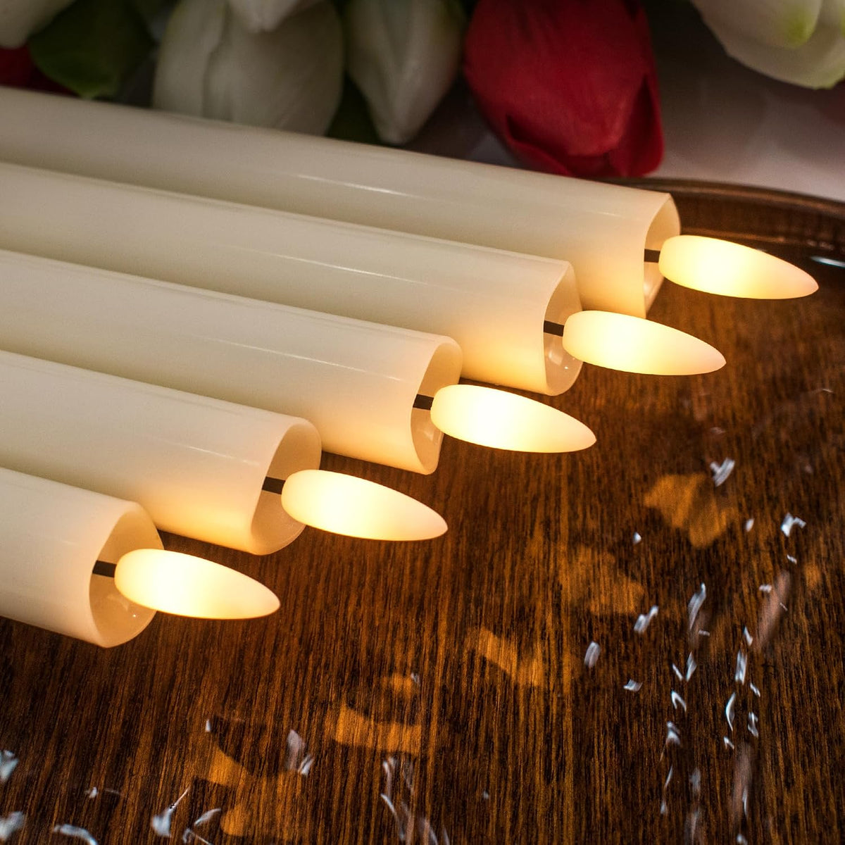 Rechargeable Flameless Taper Candles with Charging Base, (6 Pack Ivory)