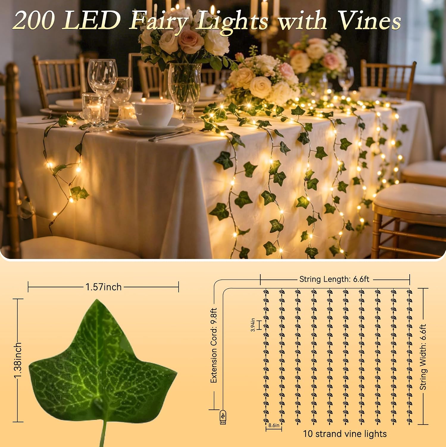 Ivy Vines with Fairy Lights, 200 LED Vine Lights with Remote and 8 Lighting Modes, Ivy Curtain Lights for Bedroom Wall Wedding Party Garden Decor, 6.6ft x 6.6ft
