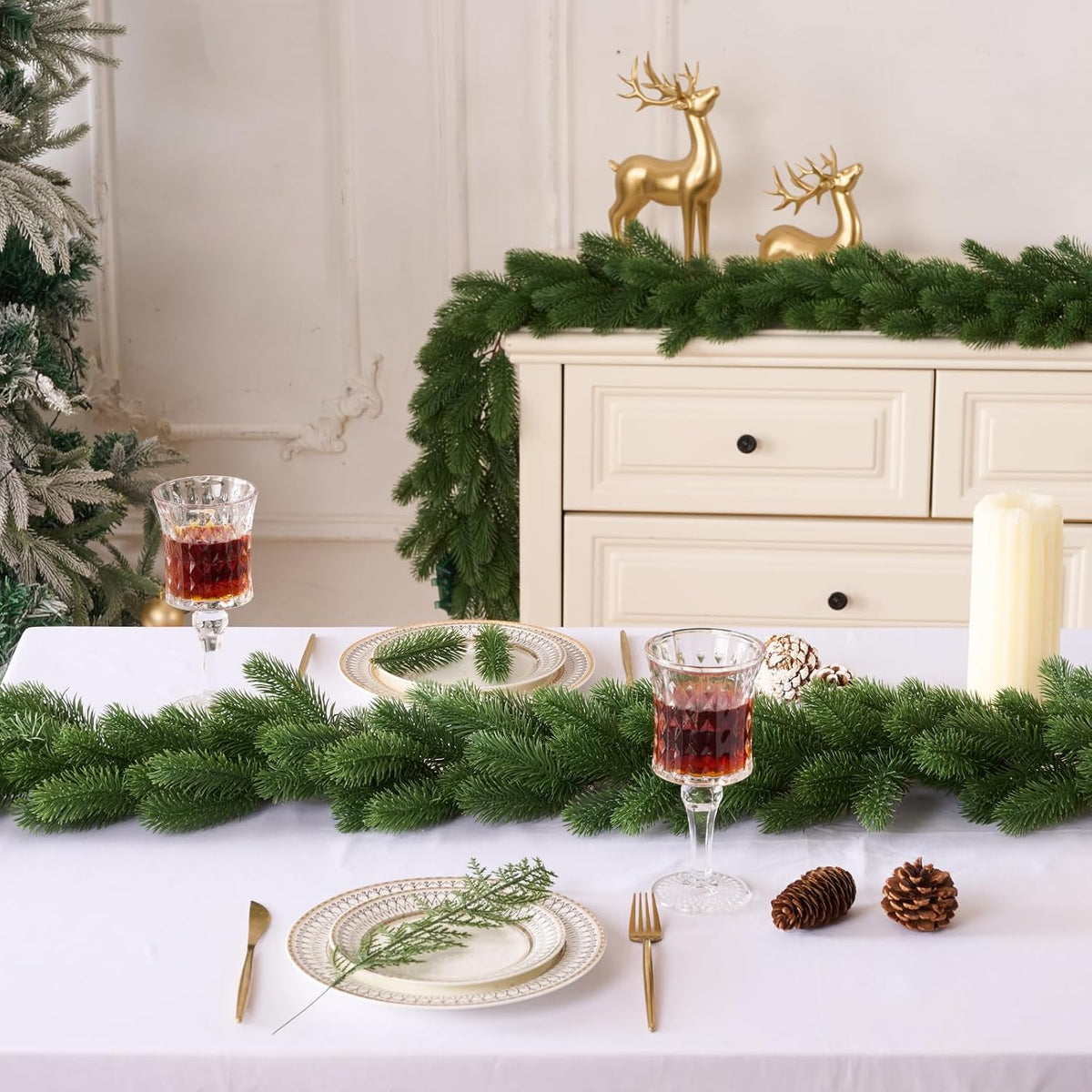 16ft 1pcs prelit realistic faux norfolk pine garland, front angle view