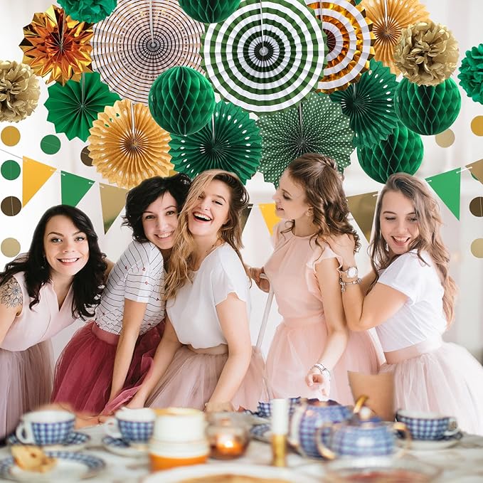 Green and Gold Party Decorations, 23Pcs Hanging Paper Fans, Pom Poms Flowers, Garland String Polka Dot and Triangle Bunting Flag Packs for Girl Birthday Bridal Shower Baby Showers
