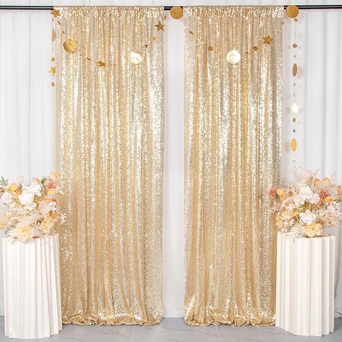 ShinyBeauty Light Gold Backdrop Sequin Curtains 4FTx7FT 2 Pieces Photograph Backdrops Golden Curtain Panels Shimmer Background for Birthday,Party,Wedding,Photoshoot Decor(8FTX7FT)