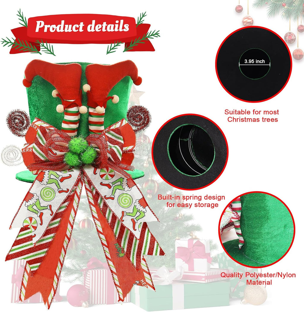 Christmas Tree Topper Hat with Bow, Velvet Top Hat Ornament with Elf Legs and Red & Green Wired Bows, Winter Holidays Xmas Decor for Home Decoration (Green)
