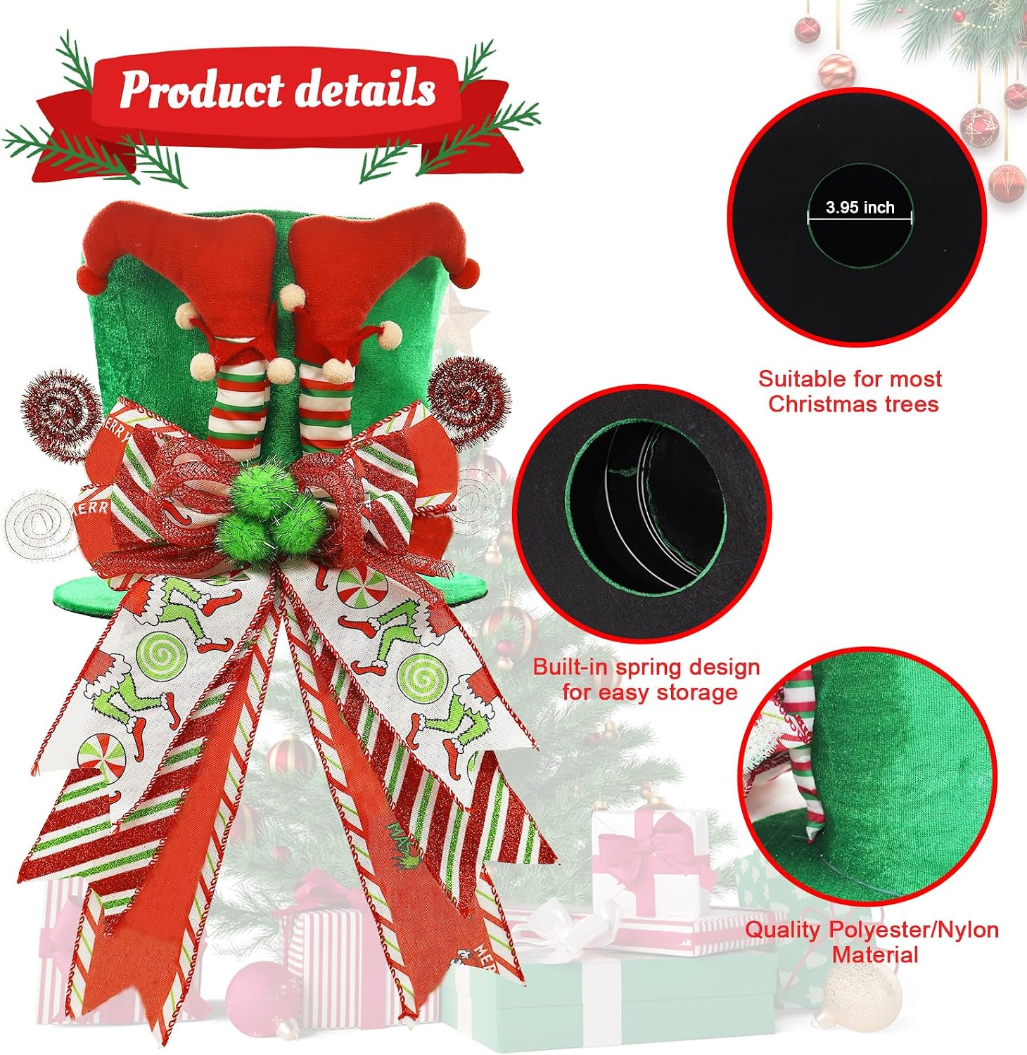 Christmas Tree Topper Hat with Bow, Velvet Top Hat Ornament with Elf Legs and Red & Green Wired Bows, Winter Holidays Xmas Decor for Home Decoration (Green)